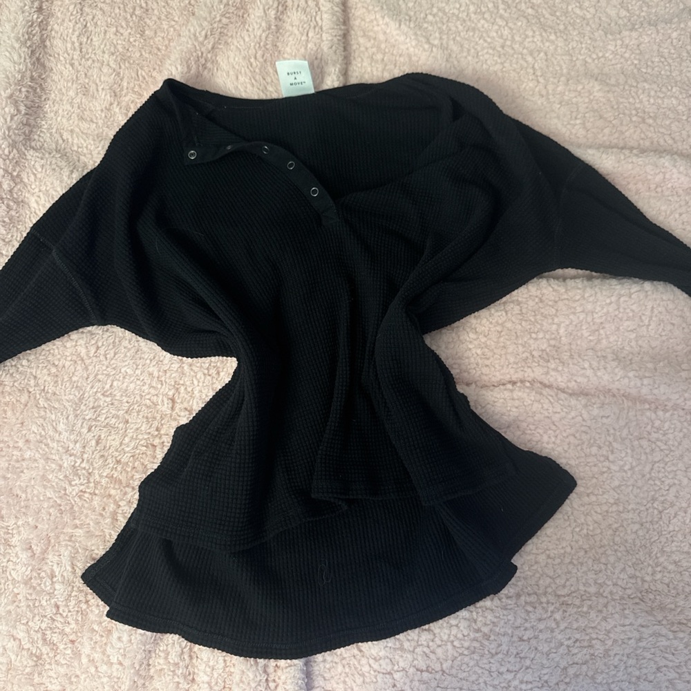 Black Button-Up Waffle Knit Top